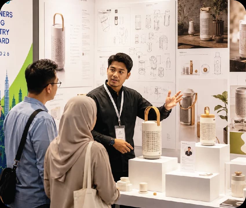 Degree student presenting an industrial design research project